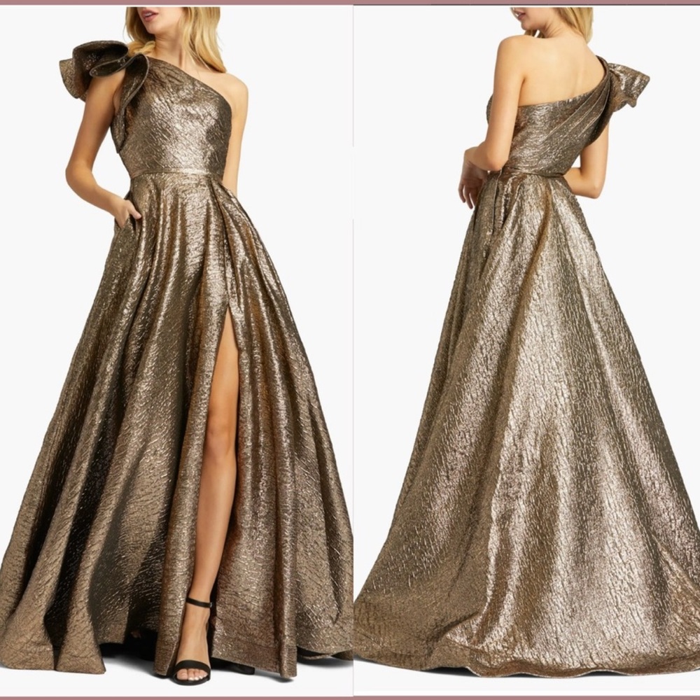 Mac Duggal Metallic Gold One-Shoulder Ball Gown with Sculpted Bow
